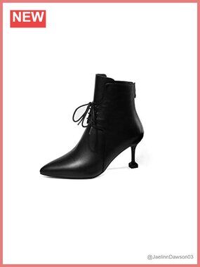 Genuine Leather Pointed Toe Stiletto Heel Ankle Boots Lace Up Back Zip